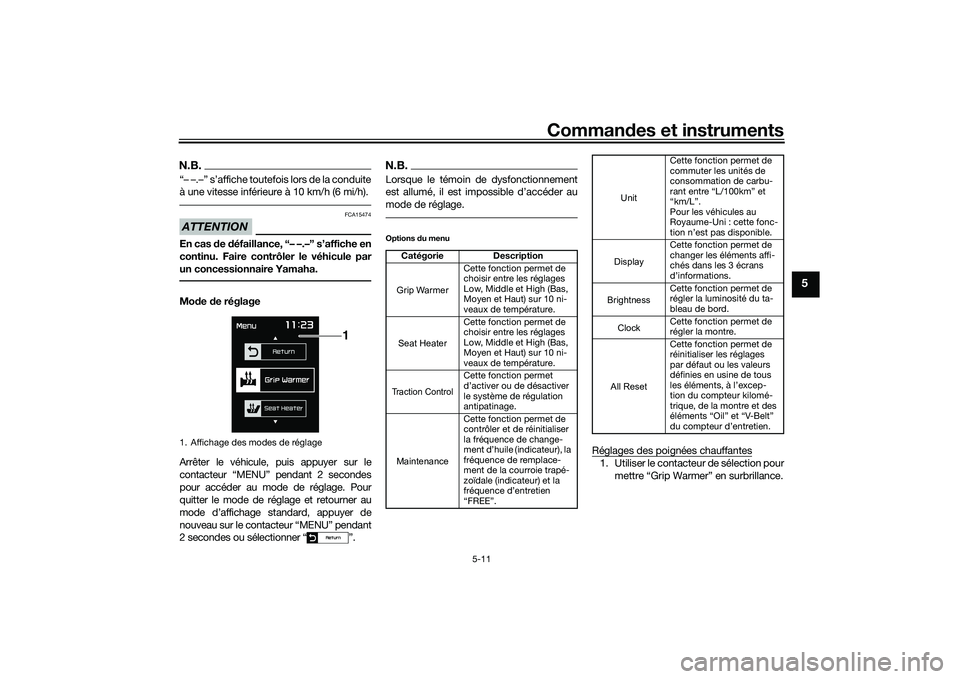 YAMAHA TMAX 2021 Notices Demploi (in French) Commandes et instruments
5-11
5
N.B.“– –.–” s’affiche toutefois lors de la conduite
à une vitesse inférieure à 10 km/h (6 mi/h).ATTENTION
FCA15474
En cas de défaillance, “– –. YAMAHA TMAX 2021 Notices Demploi (in French) Commandes et instruments
5-11
5
N.B.“– –.–” s’affiche toutefois lors de la conduite
à une vitesse inférieure à 10 km/h (6 mi/h).ATTENTION
FCA15474
En cas de défaillance, “– –.