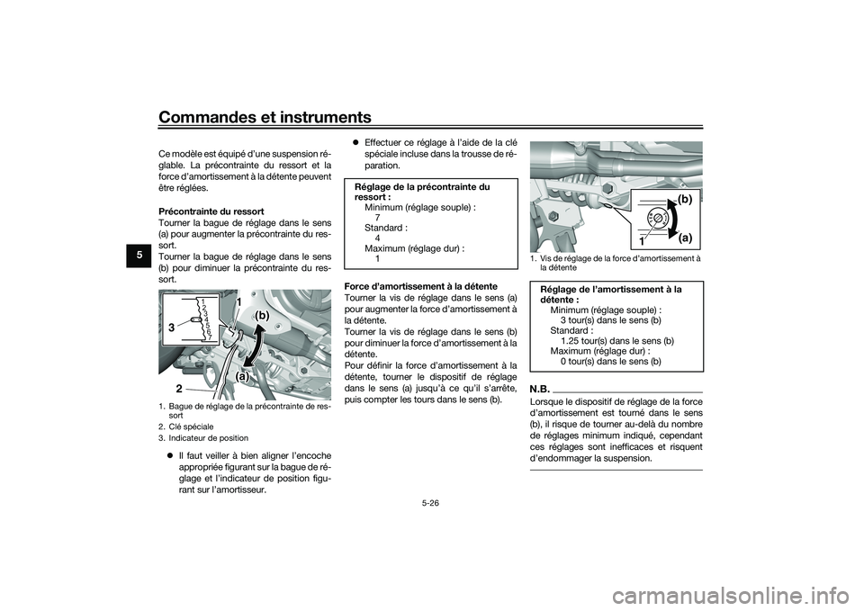 YAMAHA TMAX 2021 Notices Demploi (in French) Commandes et instruments
5-26
5
Ce modèle est équipé d’une suspension ré-
glable. La précontrainte du ressort et la
force d’amortissement à la détente peuvent
être réglées.
Précontraint YAMAHA TMAX 2021 Notices Demploi (in French) Commandes et instruments
5-26
5
Ce modèle est équipé d’une suspension ré-
glable. La précontrainte du ressort et la
force d’amortissement à la détente peuvent
être réglées.
Précontraint