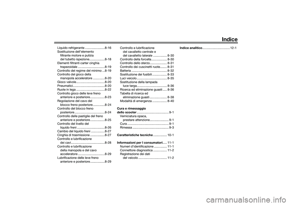 YAMAHA TMAX 2021  Manuale duso (in Italian) Indice
Liquido refrigerante .......................8-16
Sostituzione dell’elemento 
filtrante motore e pulizia 
del tubetto ispezione..................8-18
Elementi filtranti carter cinghia 
trapezo