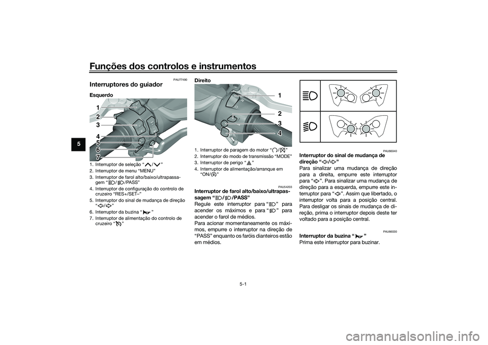 YAMAHA TMAX 2021  Manual de utilização (in Portuguese) Funções dos controlos e instrumentos
5-1
5
PAU77490
Interruptores  do guia dorEsquer do  Direito 
PAU54203
Interruptor d
e farol alto/baixo/ultrapas-
sagem “ / /PASS”
Regule este interruptor par
