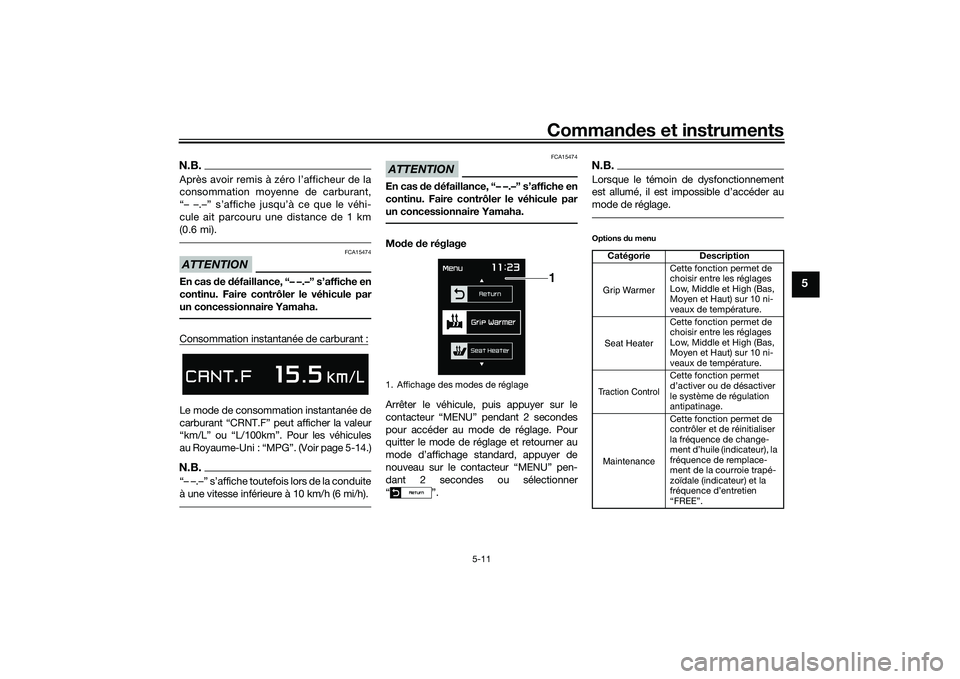 YAMAHA TMAX 2020  Notices Demploi (in French) Commandes et instruments
5-11
5
N.B.Après avoir remis à zéro l’afficheur de la
consommation moyenne de carburant,
“– –.–” s’affiche jusqu’à ce que le véhi-
cule ait parcouru une d