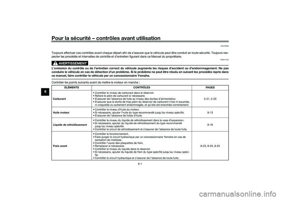 YAMAHA TMAX 2020 Notices Demploi (in French) Pour la sécurité – contrôles avant utilisation
6-1
6
FAU1559A
Toujours effectuer ces contrôles avant chaque départ afin de s’assurer que le véhicule peut être conduit en toute sécurité. T YAMAHA TMAX 2020 Notices Demploi (in French) Pour la sécurité – contrôles avant utilisation
6-1
6
FAU1559A
Toujours effectuer ces contrôles avant chaque départ afin de s’assurer que le véhicule peut être conduit en toute sécurité. T