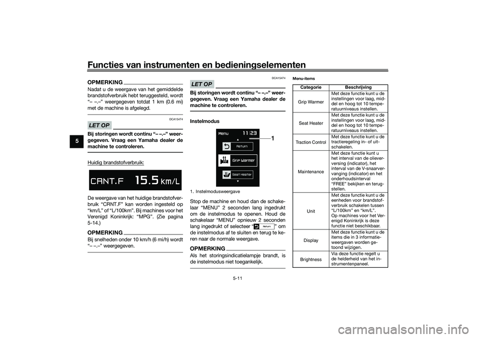 YAMAHA TMAX 2020  Instructieboekje (in Dutch) Functies van instrumenten en bed ienin gselementen
5-11
5
OPMERKINGNadat u de weergave van het gemiddelde
brandstofverbruik hebt teruggesteld, wordt
“– –.–” weergegeven totdat 1 km (0.6 mi)
