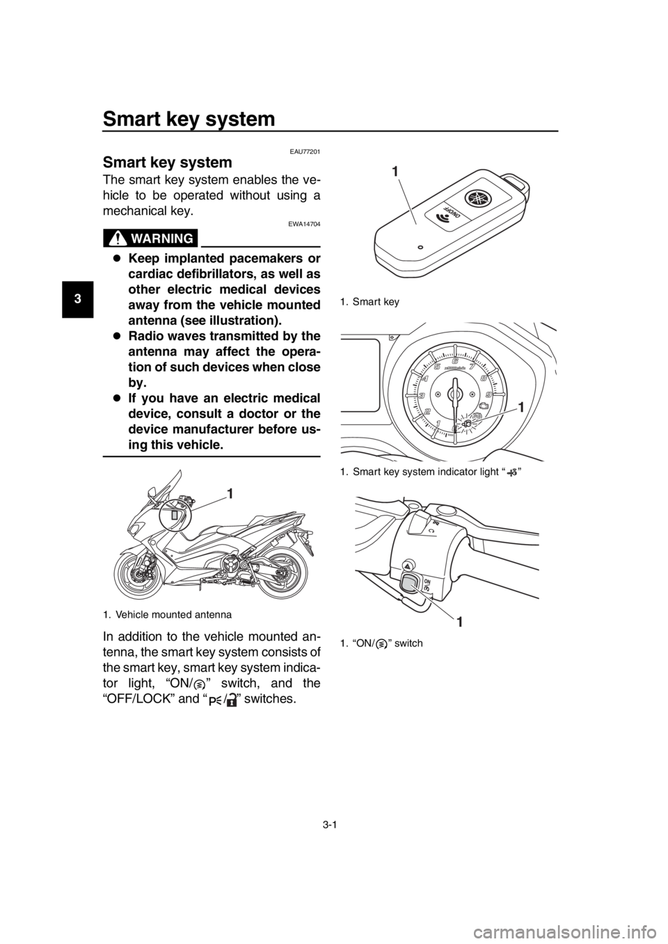 YAMAHA TMAX 2019 User Guide 3-1
1
2
3
4
5
6
7
8
9
10
11
12
13
14
Smart key system 
EAU77201
Smart key system
The smart key system enables the ve-
hicle to be operated without using a
mechanical key.
WARNING
EWA14704
Keep impl