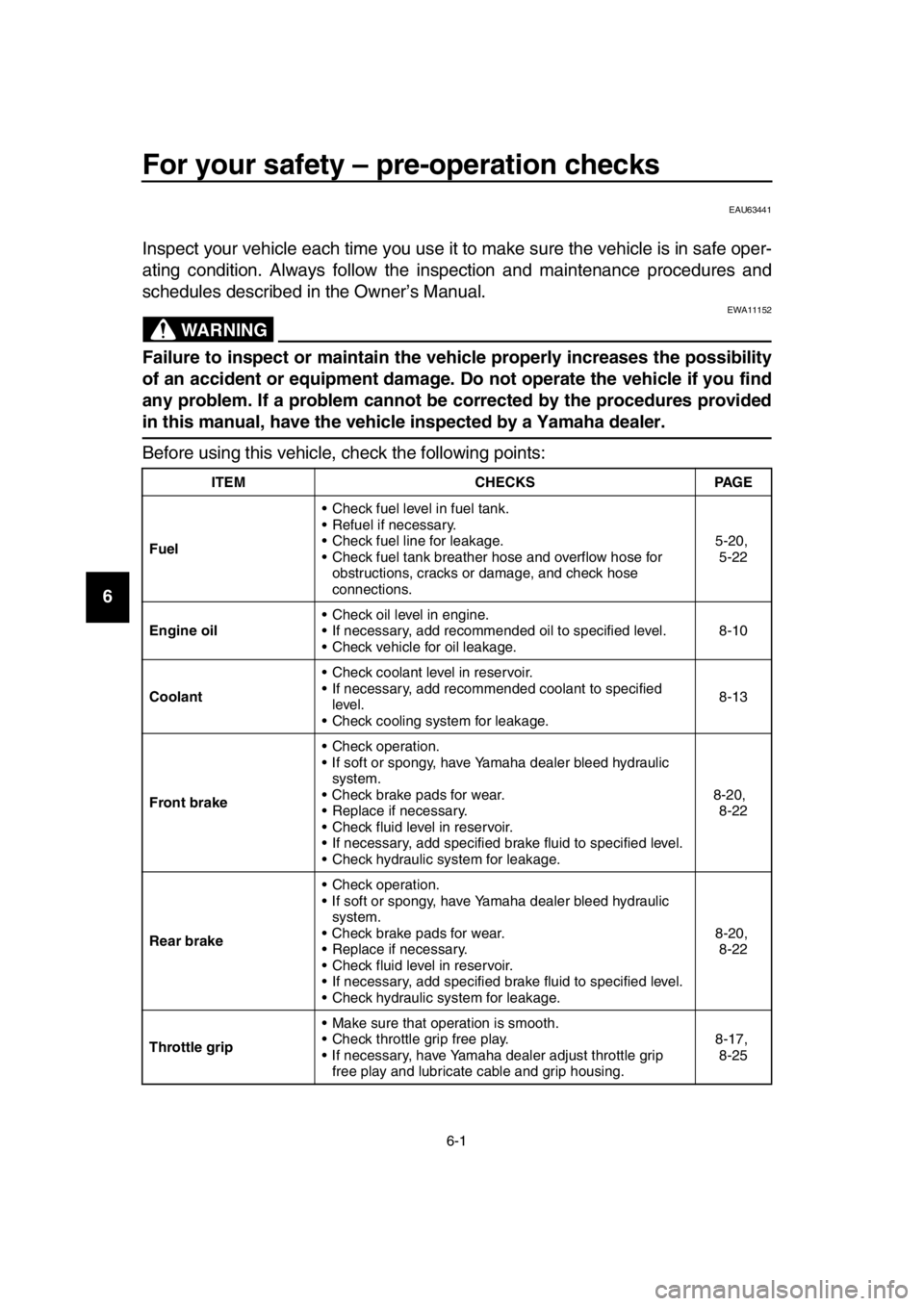 YAMAHA TMAX 2019  Owners Manual 6-1
1
2
3
4
5
6
7
8
9
10
11
12
13
14
For your safety – pre-operation checks
EAU63441
Inspect your vehicle each time you use it to  make sure the vehicle is in safe oper-
ating condition. Always foll