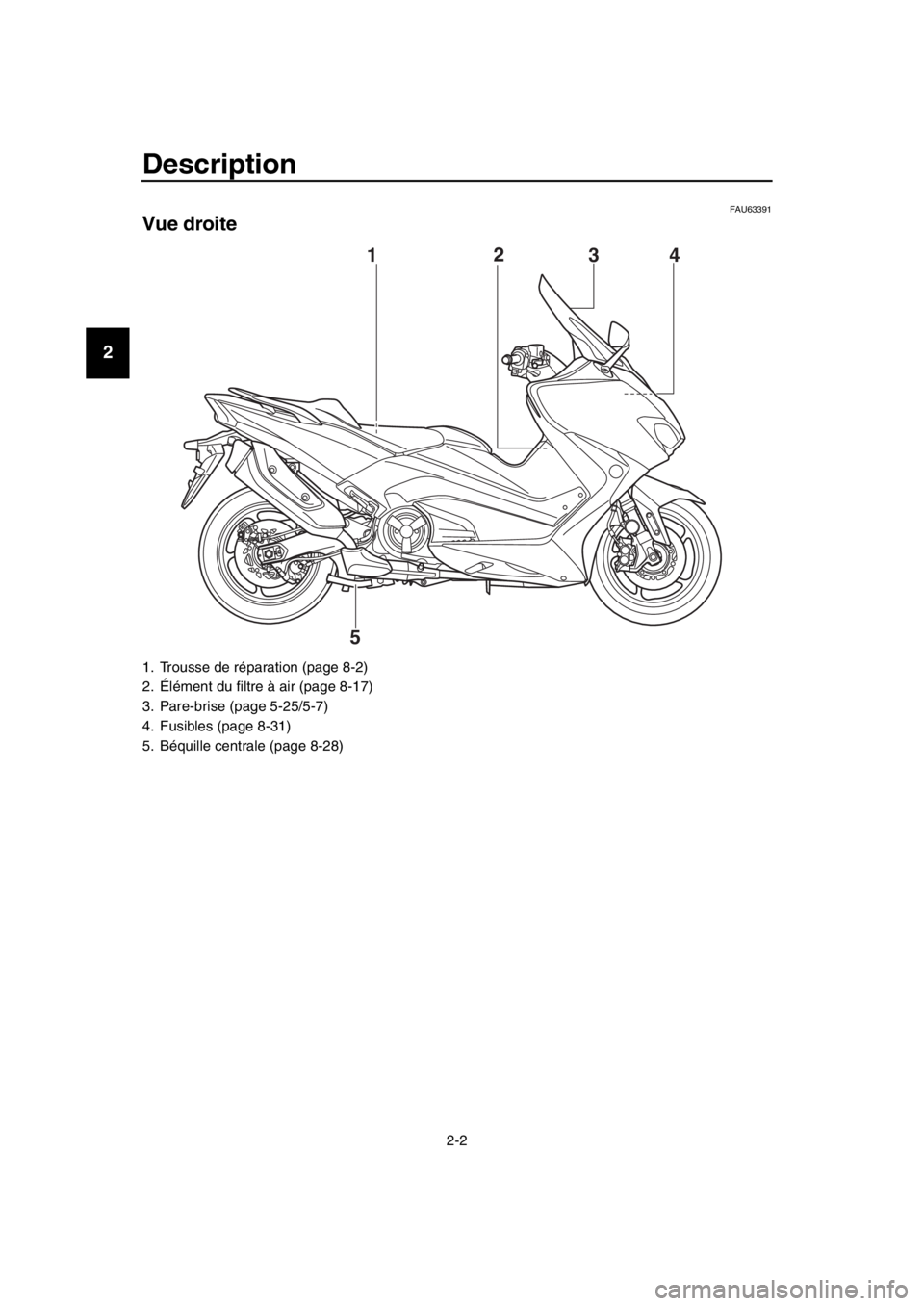 YAMAHA TMAX 2019  Notices Demploi (in French) Description
2-2
1
2
3
4
5
6
7
8
9
10
11
12
13
14
FAU63391
Vue droite
1. Trousse de réparation (page 8-2)
2. Élément du filtre à air (page 8-17)
3. Pare-brise (page 5-25/5-7)
4. Fusibles (page 8-31