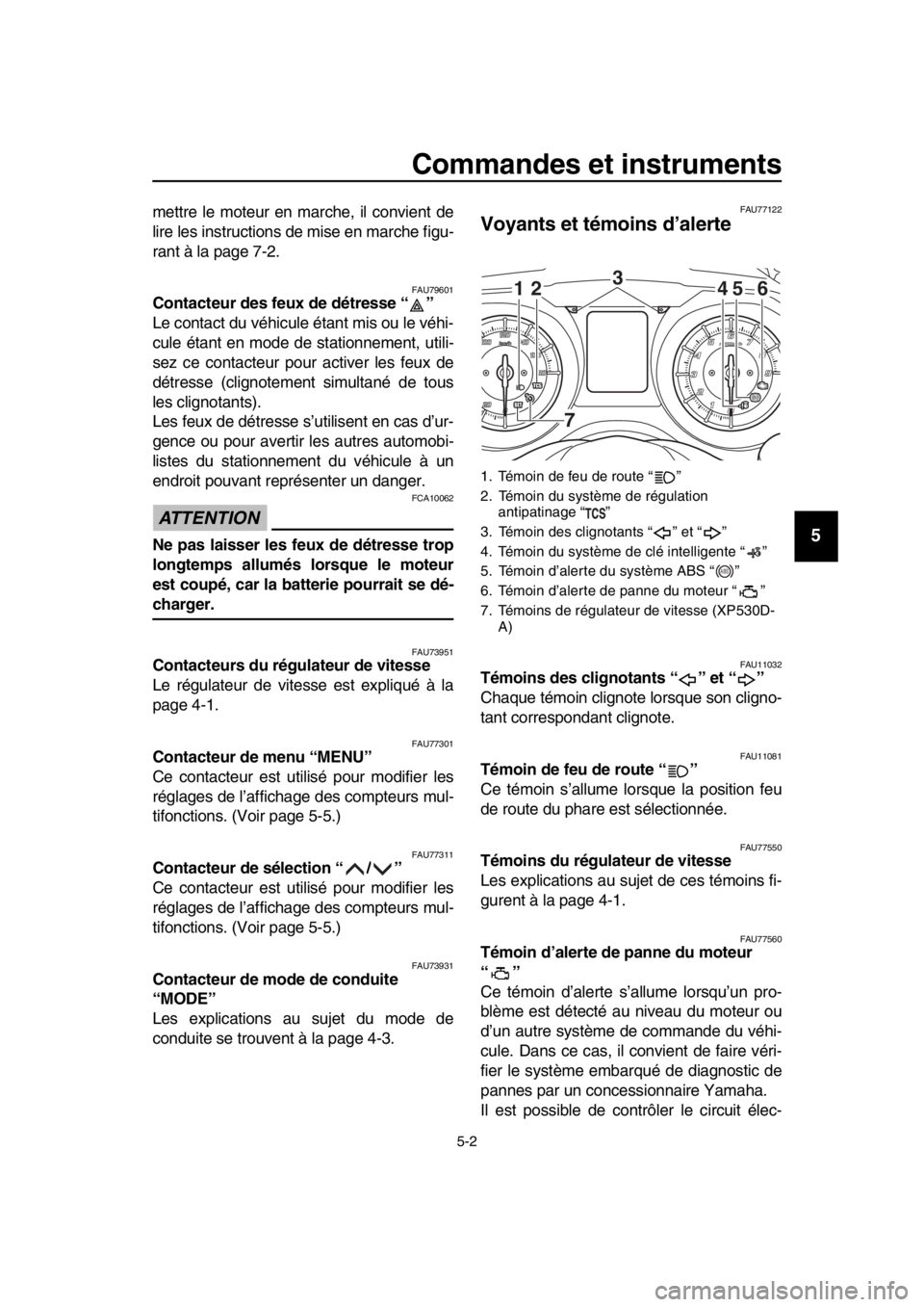 YAMAHA TMAX 2019 Notices Demploi (in French) Commandes et instruments
5-2
1
2
3
4
5
6
7
8
9
10
11
12
13
14
mettre le moteur en marche, il convient de
lire les instructions de mise en marche figu-
rant à la page 7-2.
FAU79601Contacteur des feux YAMAHA TMAX 2019 Notices Demploi (in French) Commandes et instruments
5-2
1
2
3
4
5
6
7
8
9
10
11
12
13
14
mettre le moteur en marche, il convient de
lire les instructions de mise en marche figu-
rant à la page 7-2.
FAU79601Contacteur des feux