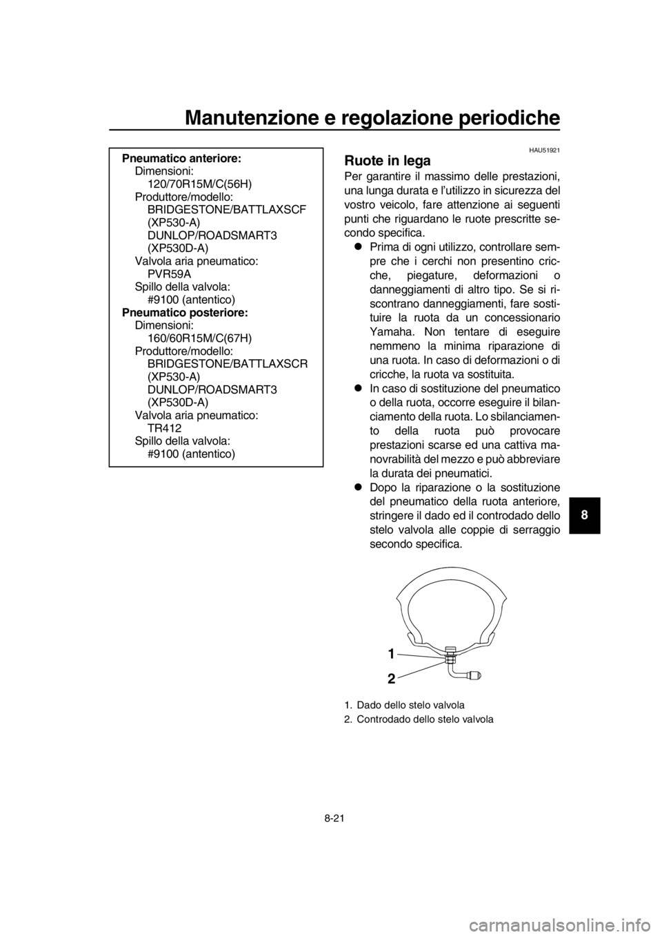 YAMAHA TMAX 2019 Manuale duso (in Italian) Manutenzione e regolazione periodiche
8-21
1
2
3
4
5
6
7
8
9
10
11
12
13
14
HAU51921
Ruote in lega
Per garantire il massimo delle prestazioni,
una lunga durata e l’utilizzo in sicurezza del
vostro v YAMAHA TMAX 2019 Manuale duso (in Italian) Manutenzione e regolazione periodiche
8-21
1
2
3
4
5
6
7
8
9
10
11
12
13
14
HAU51921
Ruote in lega
Per garantire il massimo delle prestazioni,
una lunga durata e l’utilizzo in sicurezza del
vostro v