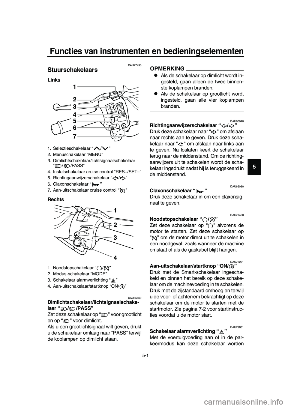 YAMAHA TMAX 2019  Instructieboekje (in Dutch) 5-1
1
2
3
4
5
6
7
8
9
10
11
12
13
14
Functies van instrumenten en bedieningselementen
DAU77490
Stuurschakelaars
Links 
Rechts 
DAU85660Dimlichtschakelaar/lichtsignaalschake-
laar “ / /PASS”
Zet de