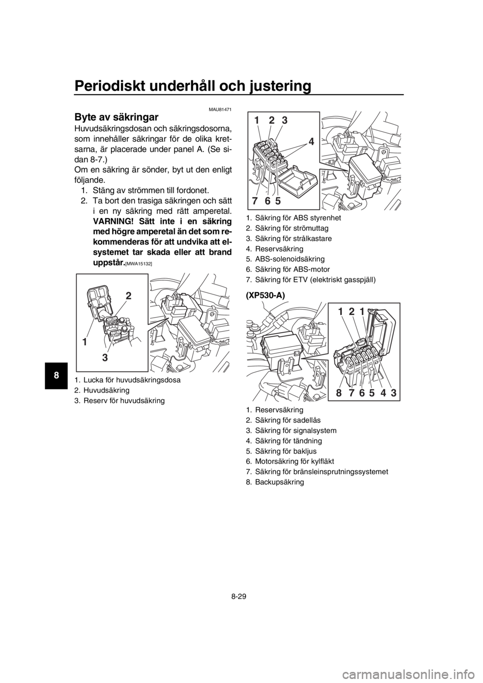 YAMAHA TMAX 2019 Bruksanvisningar (in Swedish) Periodiskt underhåll och justering
8-29
1
2
3
4
5
6
7
8
9
10
11
12
13
14
MAU81471
Byte av säkringar
Huvudsäkringsdosan och säkringsdosorna,
som innehåller säkringar för de olika kret-
sarna, ä YAMAHA TMAX 2019 Bruksanvisningar (in Swedish) Periodiskt underhåll och justering
8-29
1
2
3
4
5
6
7
8
9
10
11
12
13
14
MAU81471
Byte av säkringar
Huvudsäkringsdosan och säkringsdosorna,
som innehåller säkringar för de olika kret-
sarna, ä