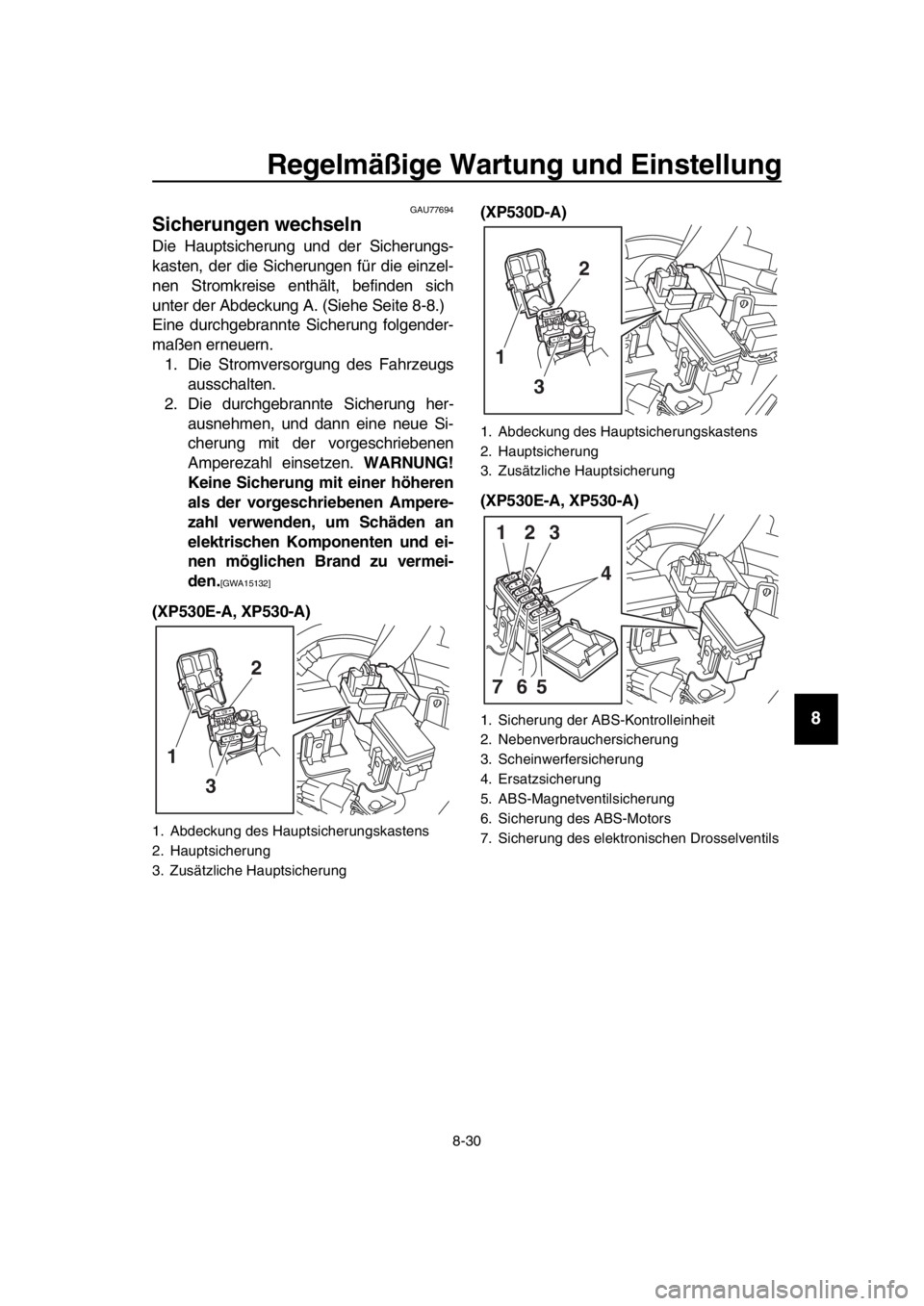 YAMAHA TMAX 2018 Betriebsanleitungen (in German) Regelmäßi ge Wartun g und Ein stellung
8-30
1
2
3
4
5
6
7
8
9
10
11
12
13
14
GAU77694
Sicherung en wechseln
Die Hauptsicherung und der Sicherungs-
kasten, der die Sicherungen für die einzel-
nen St YAMAHA TMAX 2018 Betriebsanleitungen (in German) Regelmäßi ge Wartun g und Ein stellung
8-30
1
2
3
4
5
6
7
8
9
10
11
12
13
14
GAU77694
Sicherung en wechseln
Die Hauptsicherung und der Sicherungs-
kasten, der die Sicherungen für die einzel-
nen St