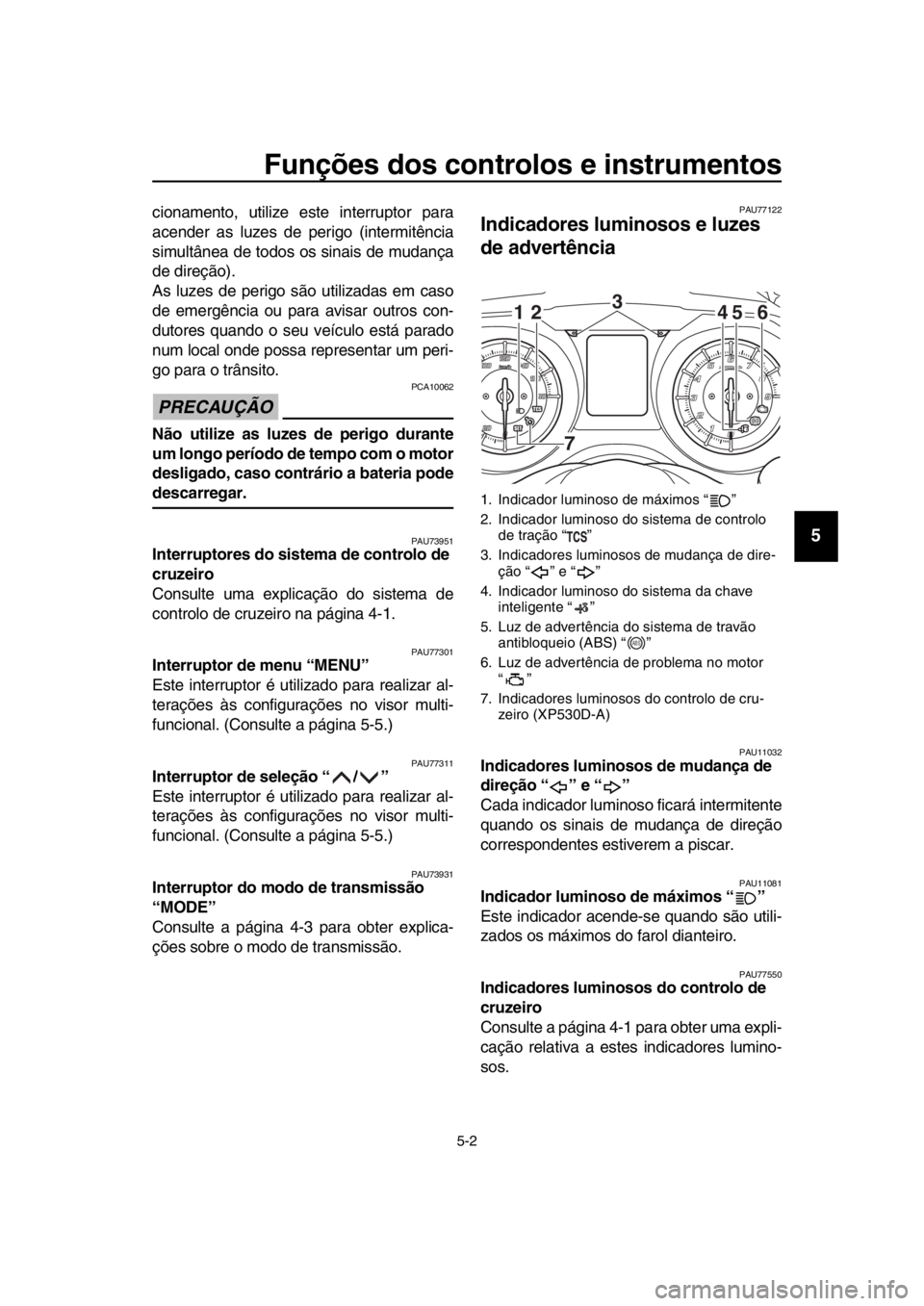 YAMAHA TMAX 2018 Manual de utilização (in Portuguese) Funções dos controlos e instrumentos
5-2
1
2
3
4
5
6
7
8
9
10
11
12
13
14
cionamento, utilize este interruptor para
acender as luzes de perigo (intermitência
simultânea de todos os sinais de muda YAMAHA TMAX 2018 Manual de utilização (in Portuguese) Funções dos controlos e instrumentos
5-2
1
2
3
4
5
6
7
8
9
10
11
12
13
14
cionamento, utilize este interruptor para
acender as luzes de perigo (intermitência
simultânea de todos os sinais de muda