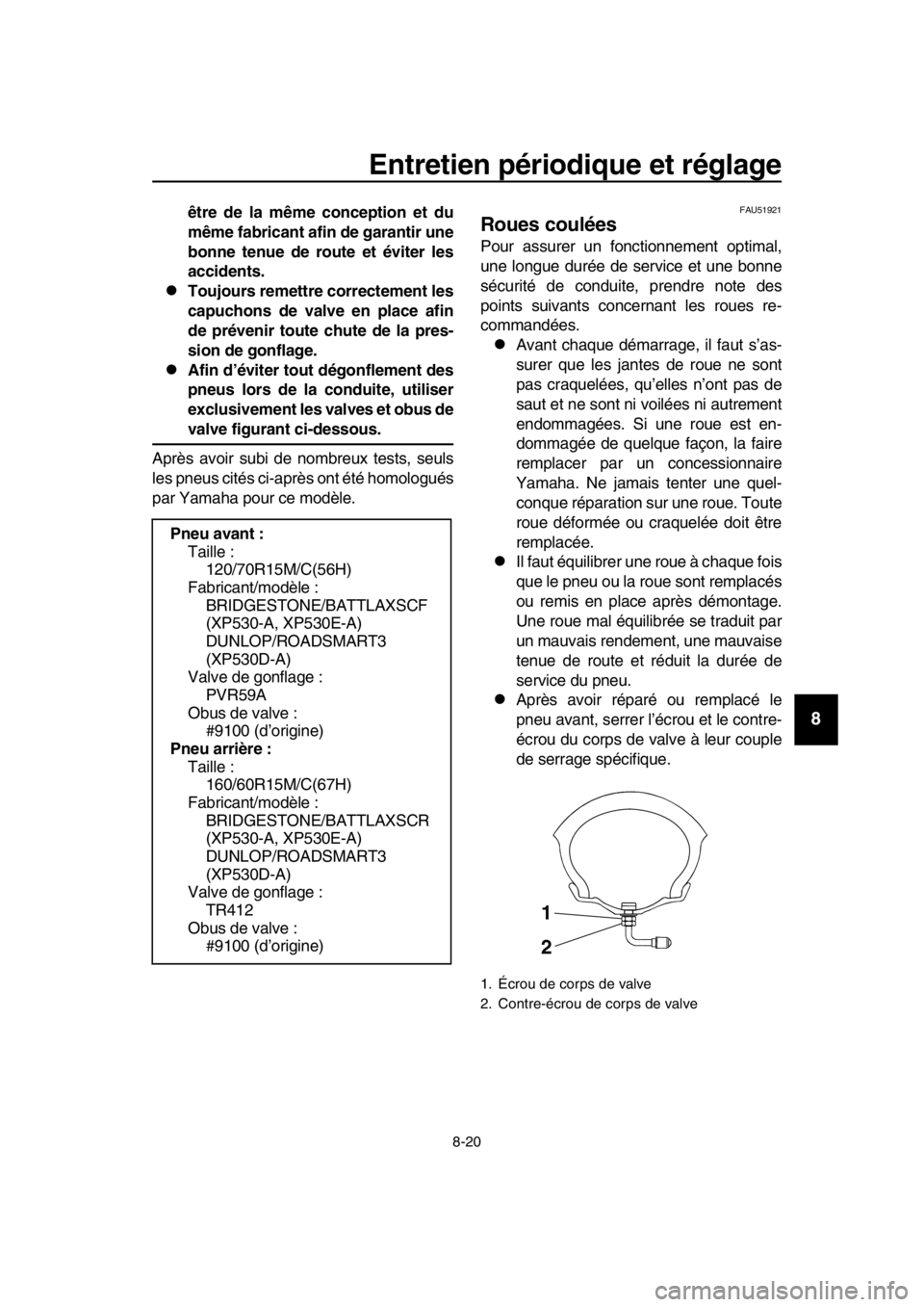 YAMAHA TMAX 2017 Notices Demploi (in French) Entretien périodique et réglage
8-20
1
2
3
4
5
6
7
8
9
10
11
12
13
14
être de la même conception et du
même fabricant afin de garantir une
bonne tenue de route et éviter les
accidents.
Toujou YAMAHA TMAX 2017 Notices Demploi (in French) Entretien périodique et réglage
8-20
1
2
3
4
5
6
7
8
9
10
11
12
13
14
être de la même conception et du
même fabricant afin de garantir une
bonne tenue de route et éviter les
accidents.
Toujou