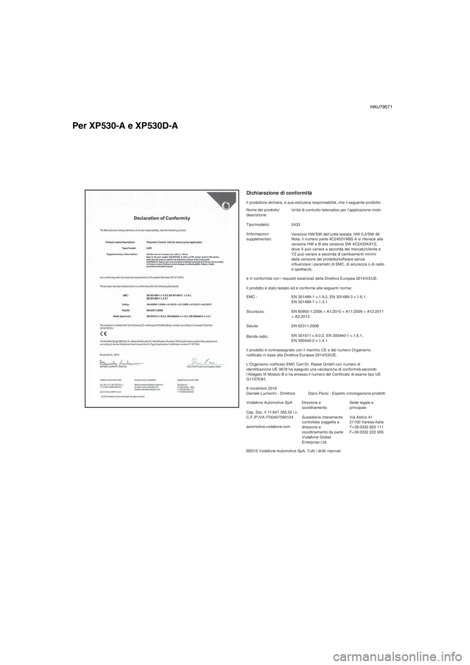 YAMAHA TMAX 2017 Manuale duso (in Italian) HAU79571
Per XP530-A e XP530D-A
Dichiarazione di conformità
Il produttore dichiara, a sua esclusiva responsabilità, che il seguen\
te prodotto:Direzione e coordinamento
Sussidiaria interamente
cont YAMAHA TMAX 2017 Manuale duso (in Italian) HAU79571
Per XP530-A e XP530D-A
Dichiarazione di conformità
Il produttore dichiara, a sua esclusiva responsabilità, che il seguen\
te prodotto:Direzione e coordinamento
Sussidiaria interamente
cont