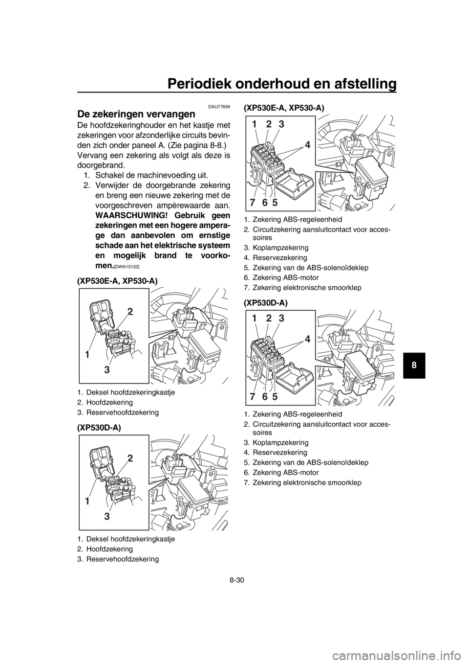 YAMAHA TMAX 2017 Instructieboekje (in Dutch) Periodiek onderhoud en afstelling
8-30
1
2
3
4
5
6
7
8
9
10
11
12
13
14
DAU77694
De zekeringen vervangen
De hoofdzekeringho uder en het k astje met
zekeringen voor afzonderlijke circ uits b evin-
de YAMAHA TMAX 2017 Instructieboekje (in Dutch) Periodiek onderhoud en afstelling
8-30
1
2
3
4
5
6
7
8
9
10
11
12
13
14
DAU77694
De zekeringen vervangen
De hoofdzekeringho uder en het k astje met
zekeringen voor afzonderlijke circ uits b evin-
de