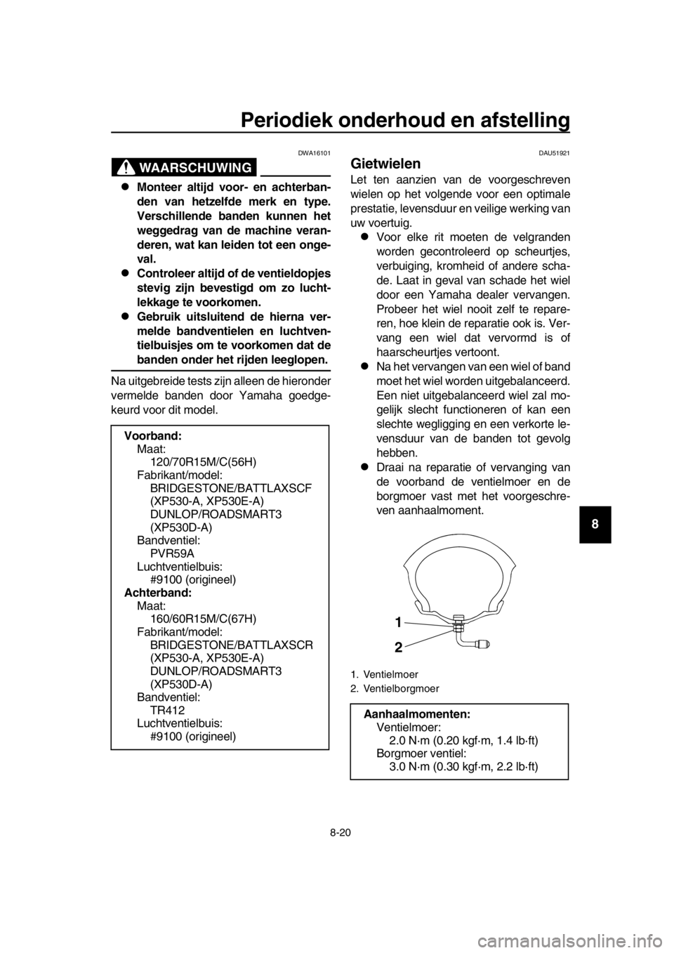 YAMAHA TMAX 2017 Instructieboekje (in Dutch) Periodiek onderhoud en afstelling
8-20
1
2
3
4
5
6
7
8
9
10
11
12
13
14
WAARSCHUWING
DWA16101
Monteer altijd voor- en achterban-
den van hetzelfde merk en type.
Verschillende banden kunnen het
wegg YAMAHA TMAX 2017 Instructieboekje (in Dutch) Periodiek onderhoud en afstelling
8-20
1
2
3
4
5
6
7
8
9
10
11
12
13
14
WAARSCHUWING
DWA16101
Monteer altijd voor- en achterban-
den van hetzelfde merk en type.
Verschillende banden kunnen het
wegg