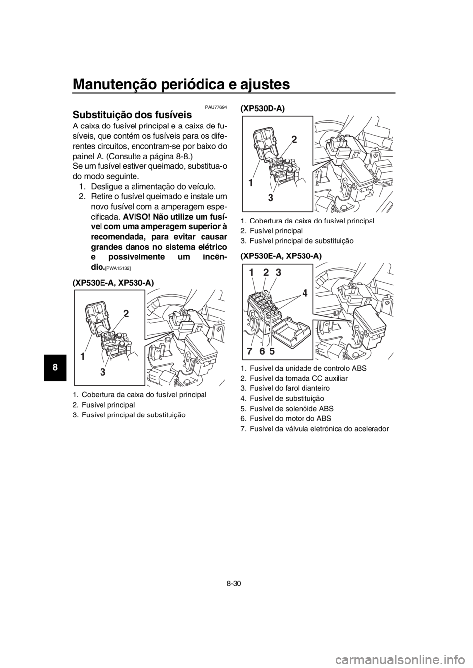 YAMAHA TMAX 2017 Manual de utilização (in Portuguese) Manutenção periódica e ajustes
8-30
1
2
3
4
5
6
7
8
9
10
11
12
13
14
PAU77694
Substituição dos fusíveis
A c aix a do f usível princip al e a c aix a de f u-
s íveis , que contém o s f us ív YAMAHA TMAX 2017 Manual de utilização (in Portuguese) Manutenção periódica e ajustes
8-30
1
2
3
4
5
6
7
8
9
10
11
12
13
14
PAU77694
Substituição dos fusíveis
A c aix a do f usível princip al e a c aix a de f u-
s íveis , que contém o s f us ív