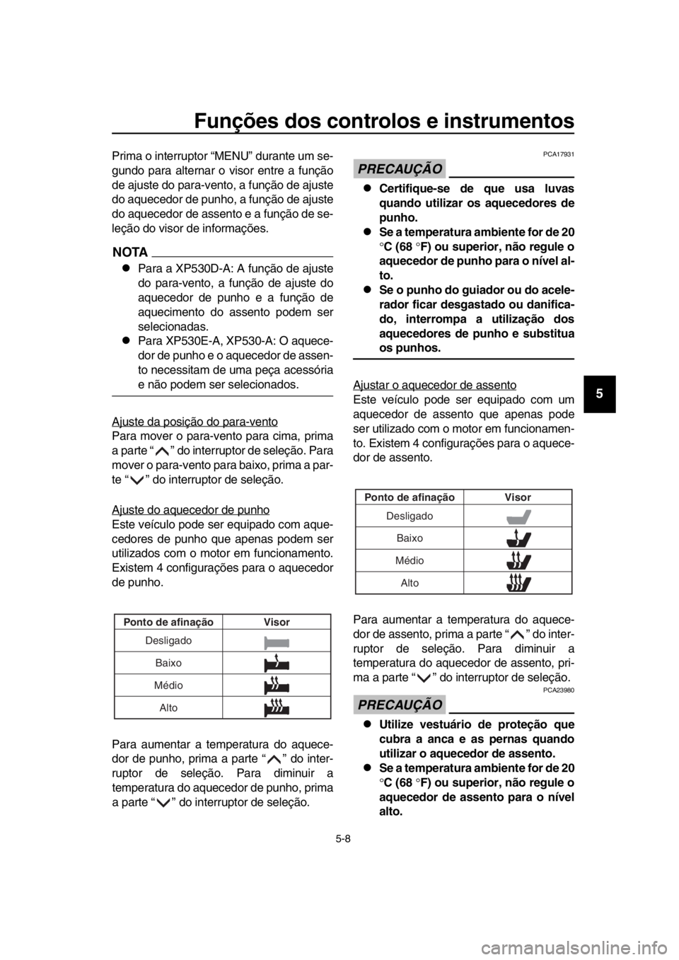 YAMAHA TMAX 2017 Manual de utilização (in Portuguese) Funções dos controlos e instrumentos
5-8
1
2
3
4
5
6
7
8
9
10
11
12
13
14
Prim a o interr uptor “MENU” d ura nte um se-
g undo pa ra a ltern ar o vi sor entre a f unção
de ajus te do p ar YAMAHA TMAX 2017 Manual de utilização (in Portuguese) Funções dos controlos e instrumentos
5-8
1
2
3
4
5
6
7
8
9
10
11
12
13
14
Prim a o interr uptor “MENU” d ura nte um se-
g undo pa ra a ltern ar o vi sor entre a f unção
de ajus te do p ar