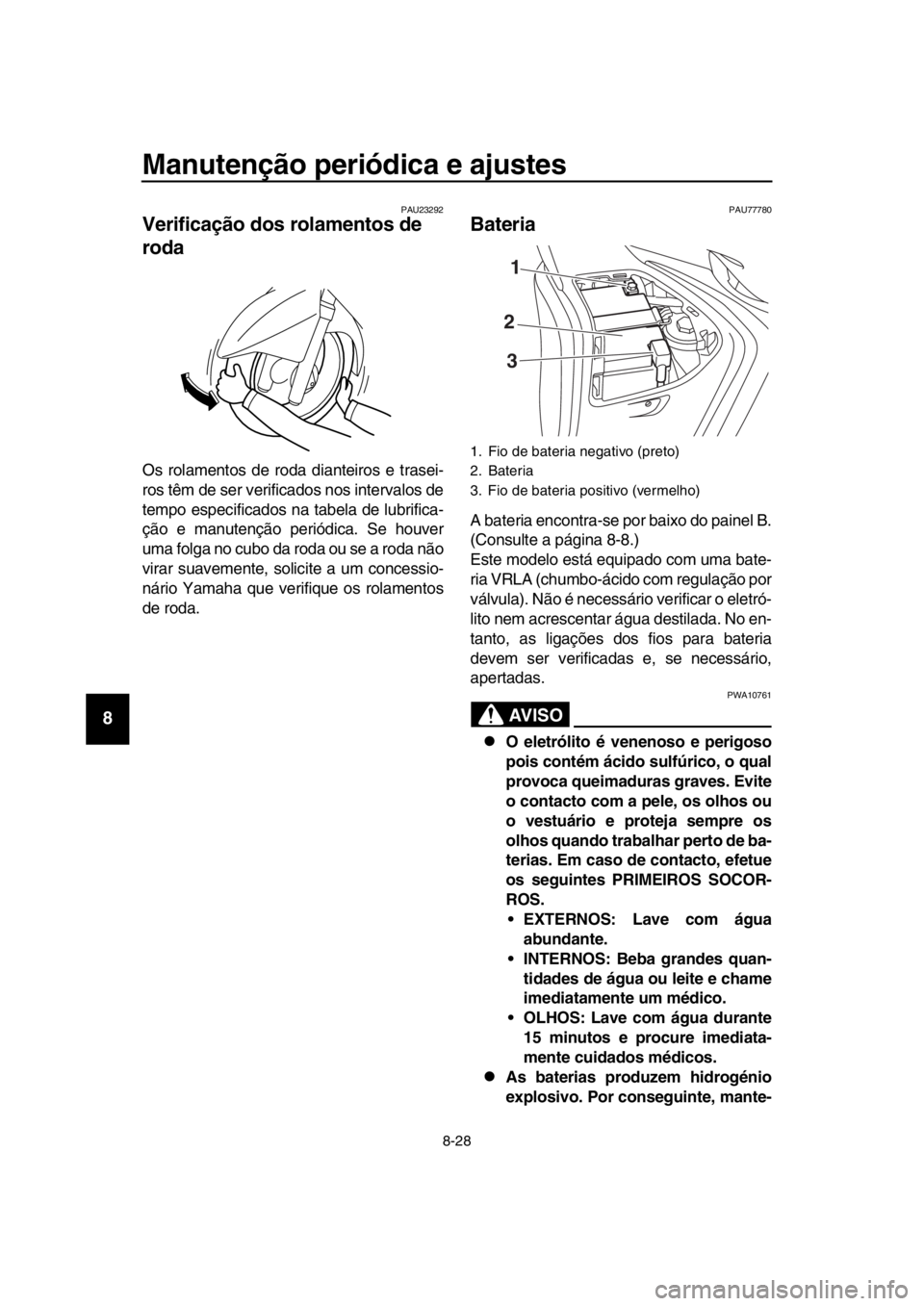 YAMAHA TMAX 2017  Manual de utilização (in Portuguese) Manutenção periódica e ajustes
8-28
1
2
3
4
5
6
7
8
9
10
11
12
13
14
PAU2 3292
Verificação dos rolamentos de 
roda
O s rol amento s de rod a di anteiro s e tr asei-
ro s têm de  ser verific ado 