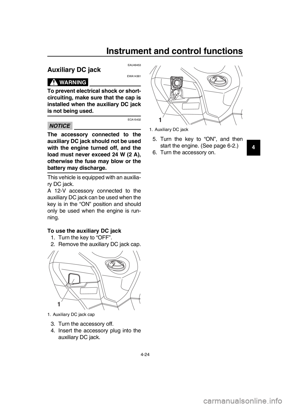 YAMAHA TMAX 2016 Service Manual Instrument and control functions
4-24
1
2
3
4
5
6
7
8
9
10
11
12
13
14
EAU49453
Auxiliary DC jack
WARNING
EWA14361
To prevent electrical shock or short-
circuiting, make sure that the cap is
installed YAMAHA TMAX 2016 Service Manual Instrument and control functions
4-24
1
2
3
4
5
6
7
8
9
10
11
12
13
14
EAU49453
Auxiliary DC jack
WARNING
EWA14361
To prevent electrical shock or short-
circuiting, make sure that the cap is
installed