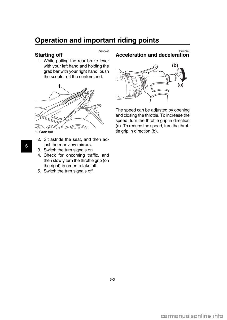 YAMAHA TMAX 2016 Owners Manual Operation and important riding points
6-3
1
2
3
4
5
6
7
8
9
10
11
12
13
14
EAU45093
Starting off
1. While pulling the rear brake lever with your left hand and holding the
grab bar with your right hand YAMAHA TMAX 2016 Owners Manual Operation and important riding points
6-3
1
2
3
4
5
6
7
8
9
10
11
12
13
14
EAU45093
Starting off
1. While pulling the rear brake lever with your left hand and holding the
grab bar with your right hand