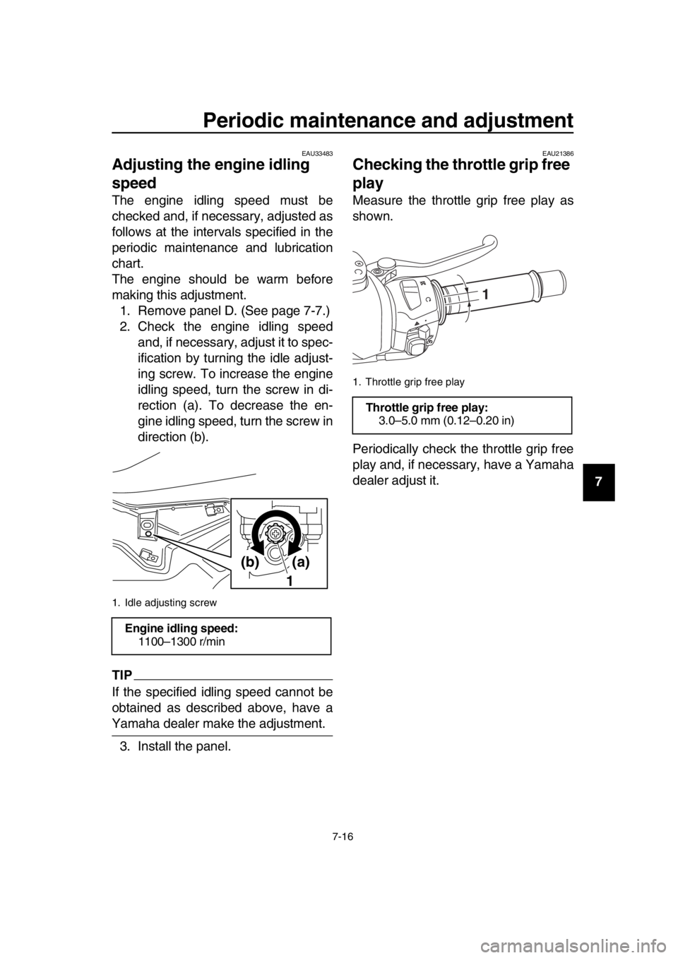 YAMAHA TMAX 2016 Manual PDF Periodic maintenance and adjustment
7-16
1
2
3
4
5
6
7
8
9
10
11
12
13
14
EAU33483
Adjusting the engine idling
speed
The engine idling speed must be
checked and, if necessary, adjusted as
follows at YAMAHA TMAX 2016 Manual PDF Periodic maintenance and adjustment
7-16
1
2
3
4
5
6
7
8
9
10
11
12
13
14
EAU33483
Adjusting the engine idling
speed
The engine idling speed must be
checked and, if necessary, adjusted as
follows at