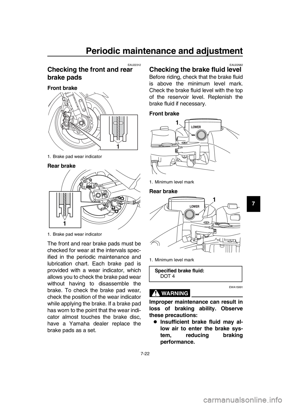 YAMAHA TMAX 2016 Manual PDF Periodic maintenance and adjustment
7-22
1
2
3
4
5
6
7
8
9
10
11
12
13
14
EAU22312
Checking the fr ont and rear
brake pads
Front brake
Rear brake
The front and rear brake pads must be
checked for wea YAMAHA TMAX 2016 Manual PDF Periodic maintenance and adjustment
7-22
1
2
3
4
5
6
7
8
9
10
11
12
13
14
EAU22312
Checking the fr ont and rear
brake pads
Front brake
Rear brake
The front and rear brake pads must be
checked for wea