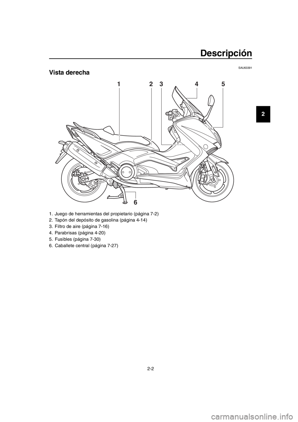 YAMAHA TMAX 2016 Manuale de Empleo (in Spanish) Descripción
2-2
1
2
3
4
5
6
7
8
9
10
11
12
13
14
SAU63391
Vista derecha
1. Juego de herramientas del propietario (página 7-2)
2. Tapón del depósito de gasolina (página 4-14)
3. Filtro de aire (p YAMAHA TMAX 2016 Manuale de Empleo (in Spanish) Descripción
2-2
1
2
3
4
5
6
7
8
9
10
11
12
13
14
SAU63391
Vista derecha
1. Juego de herramientas del propietario (página 7-2)
2. Tapón del depósito de gasolina (página 4-14)
3. Filtro de aire (p