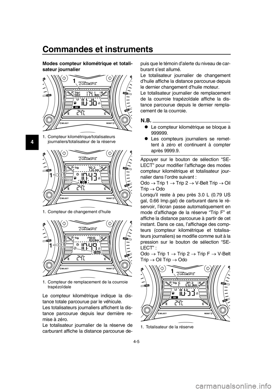 YAMAHA TMAX 2016 Notices Demploi (in French) Commandes et instruments
4-5
1
2
3
4
5
6
7
8
9
10
11
12
13
14
Modes compteur kilo métrique et totali-
sateur journalier
Le compteur kilométrique indique la dis-
tance totale parcourue par le véhicu YAMAHA TMAX 2016 Notices Demploi (in French) Commandes et instruments
4-5
1
2
3
4
5
6
7
8
9
10
11
12
13
14
Modes compteur kilo métrique et totali-
sateur journalier
Le compteur kilométrique indique la dis-
tance totale parcourue par le véhicu