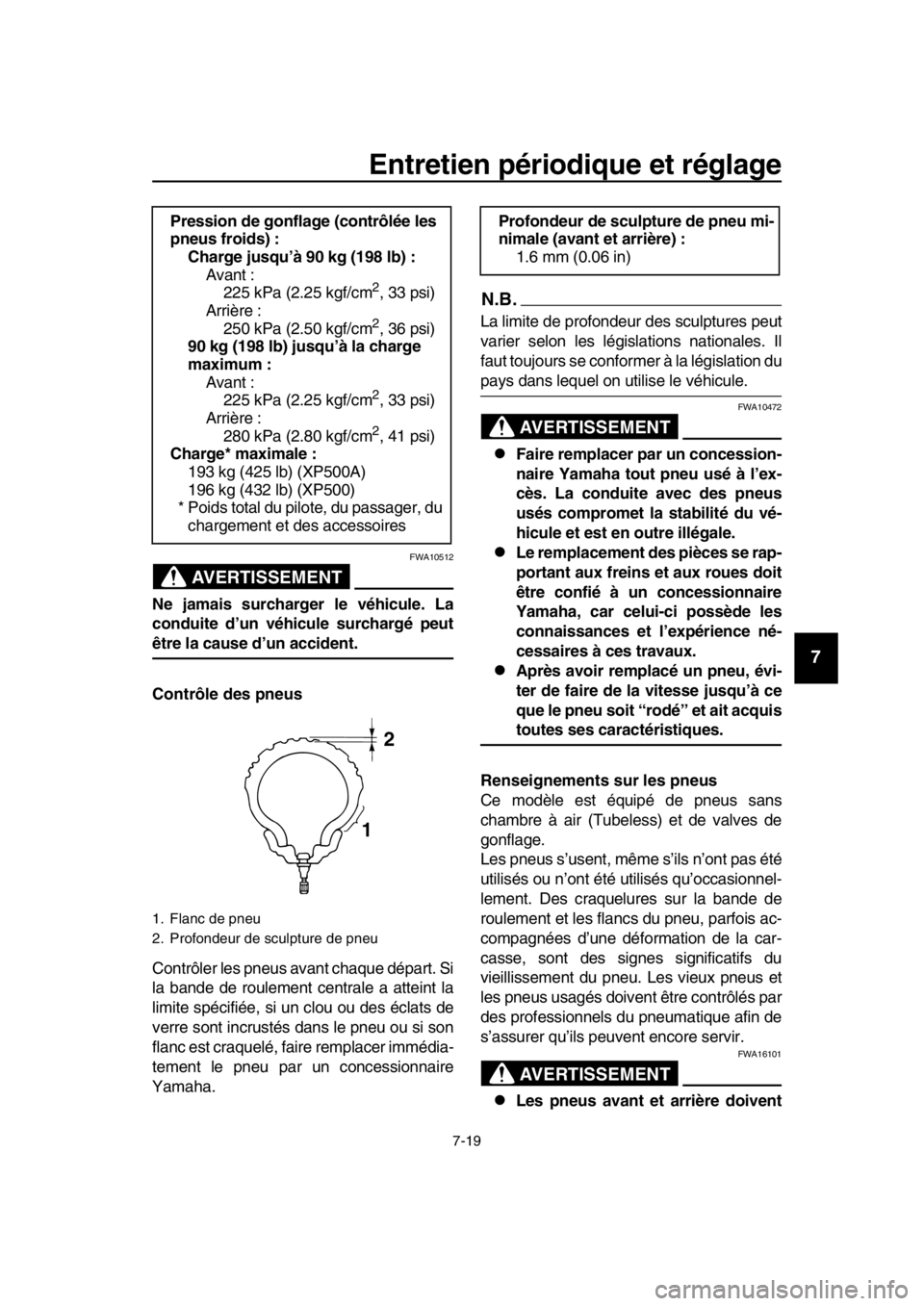 YAMAHA TMAX 2016 Notices Demploi (in French) Entretien périodique et réglage
7-19
1
2
3
4
5
6
7
8
9
10
11
12
13
14
AVERTISSEMENT
FWA10512
Ne jamais surcharger le véhicule. La
conduite d’un véhicule surchargé peut
être la cause d’un acc YAMAHA TMAX 2016 Notices Demploi (in French) Entretien périodique et réglage
7-19
1
2
3
4
5
6
7
8
9
10
11
12
13
14
AVERTISSEMENT
FWA10512
Ne jamais surcharger le véhicule. La
conduite d’un véhicule surchargé peut
être la cause d’un acc