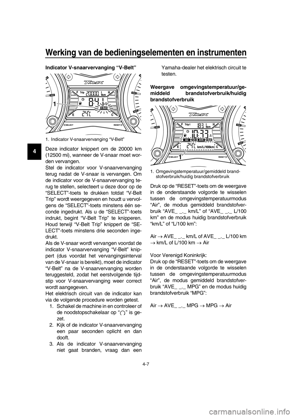 YAMAHA TMAX 2016 Instructieboekje (in Dutch) Werking van de bedieningselementen en instrumenten
4-7
1
2
3
4
5
6
7
8
9
10
11
12
13
14
Indicator V-snaarvervanging “V-Belt”
Deze indicator knippert om de 20000 km
(12500 mi), wanneer de V-snaar YAMAHA TMAX 2016 Instructieboekje (in Dutch) Werking van de bedieningselementen en instrumenten
4-7
1
2
3
4
5
6
7
8
9
10
11
12
13
14
Indicator V-snaarvervanging “V-Belt”
Deze indicator knippert om de 20000 km
(12500 mi), wanneer de V-snaar