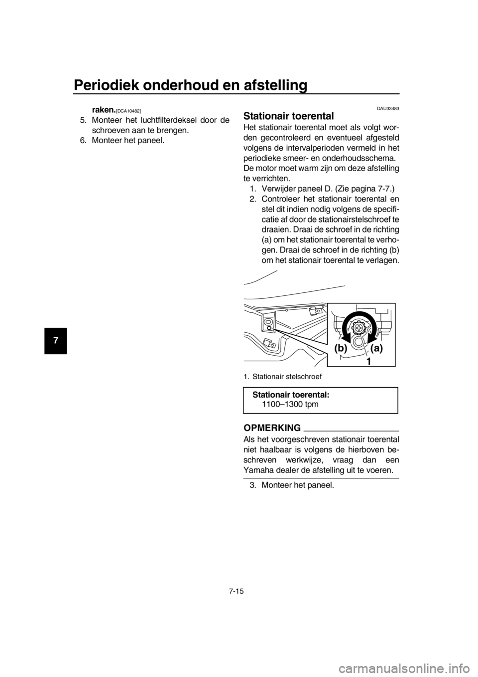 YAMAHA TMAX 2016  Instructieboekje (in Dutch) Periodiek onderhoud en afstelling
7-15
1
2
3
4
5
6
7
8
9
10
11
12
13
14
raken.[DCA10482]
5. Monteer het luchtfilterdeksel door de schroeven aan te brengen.
6. Monteer het paneel.
DAU33483
Stationair t