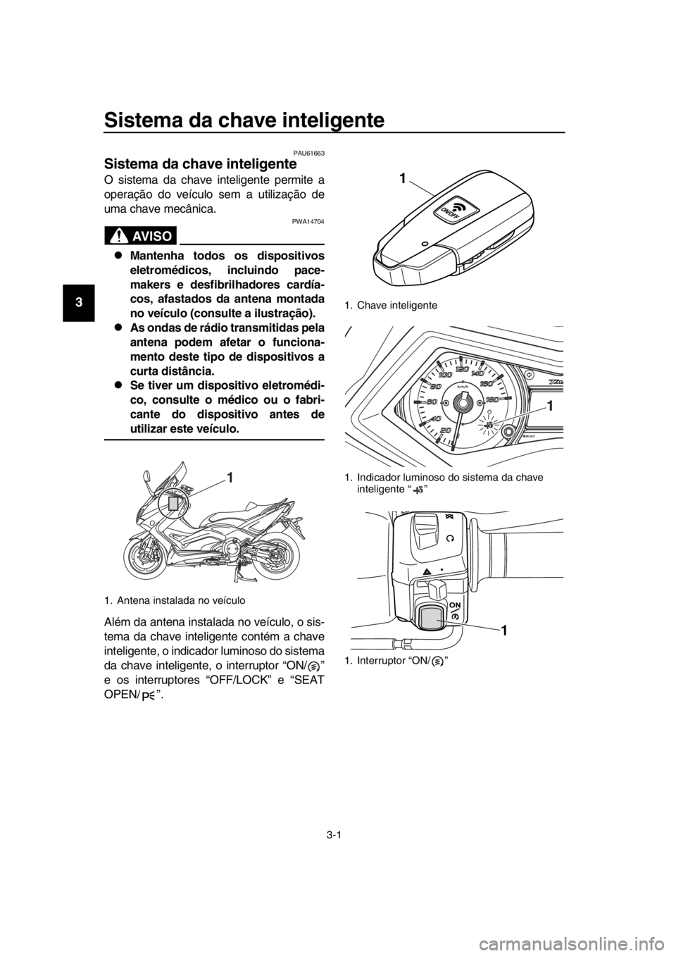 YAMAHA TMAX 2016  Manual de utilização (in Portuguese) 3-1
1
2
3
4
5
6
7
8
9
10
11
12
13
14
Sistema da chav e inteligente
PAU61663
Sistema da chave inteligente
O sistema da chave inteligente permite a
operação do veículo sem a utilização de
uma chave