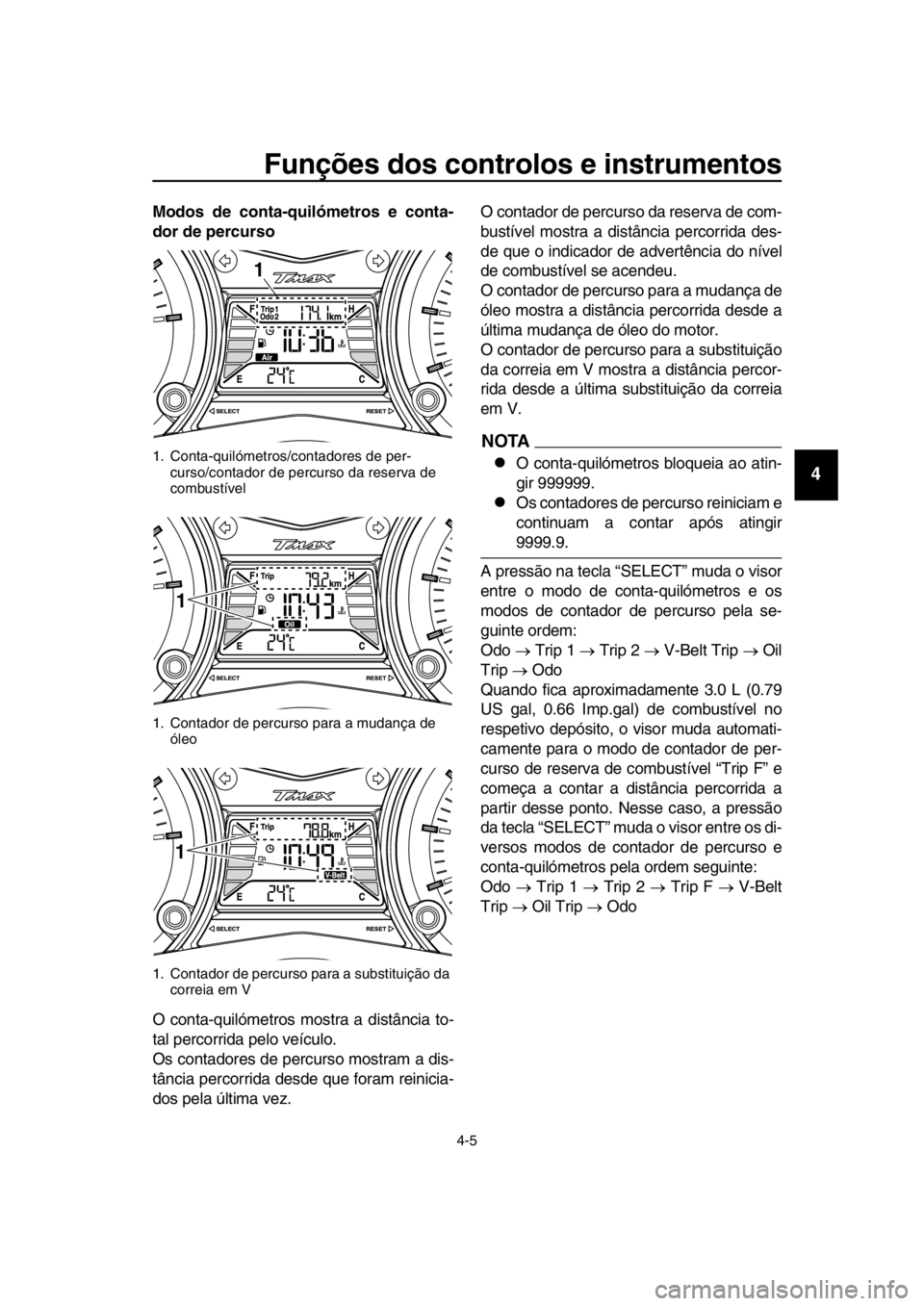 YAMAHA TMAX 2016  Manual de utilização (in Portuguese) Funções dos controlos e instrumentos
4-5
1
2
3
4
5
6
7
8
9
10
11
12
13
14
Modos de conta-quilómetros e conta-
dor de percurso
O conta-quilómetros mostra a distância to-
tal percorrida pelo veícu