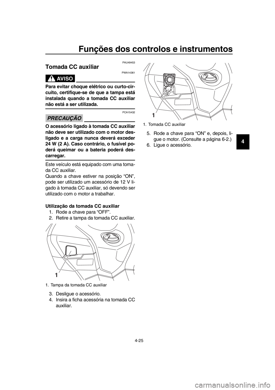 YAMAHA TMAX 2016  Manual de utilização (in Portuguese) Funções dos controlos e instrumentos
4-25
1
2
3
4
5
6
7
8
9
10
11
12
13
14
PAU49453
Tomada CC auxiliar
AVISO
PWA14361
Para evitar choque elétrico ou curto-cir-
cuito, certifique-se de que a tampa e