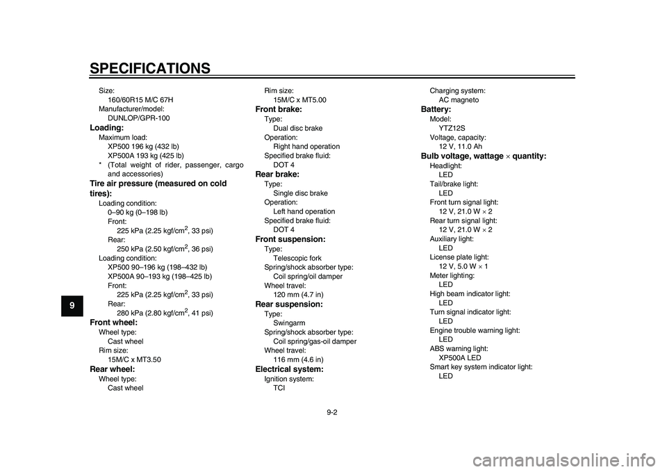 YAMAHA TMAX 2015  Owners Manual SPECIFICATIONS
9-2
1
2
3
4
5
6
7
89
10
11
12
Size: 160/60R15 M/C 67H
Manufacturer/model:
DUNLOP/GPR-100Loading:Maximum load:XP500 196 kg (432 lb)
XP500A 193 kg (425 lb)
* (Total weight of rider, passe