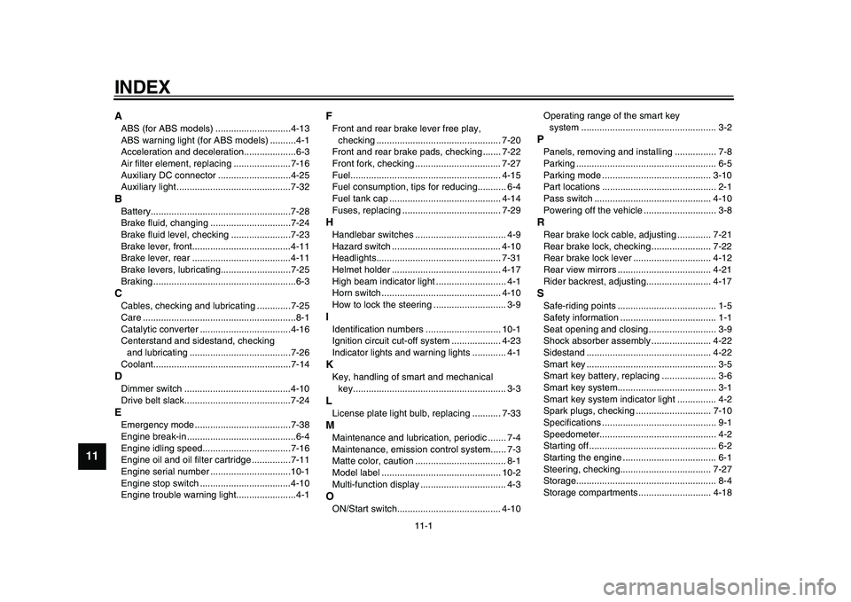 YAMAHA TMAX 2015  Owners Manual 11-1
1
2
3
4
5
6
7
8
9
1011
12
INDEXAABS (for ABS models) .............................4-13
ABS warning light (for ABS models) ..........4-1
Acceleration and deceleration....................6-3
Air fi