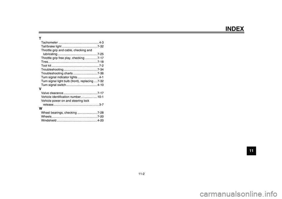 YAMAHA TMAX 2015  Owners Manual INDEX
11-2
1
2
3
4
5
6
7
8
9
101112
TTachometer ............................................... 4-3
Tail/brake light ......................................... 7-32
Throttle grip and cable, checking an