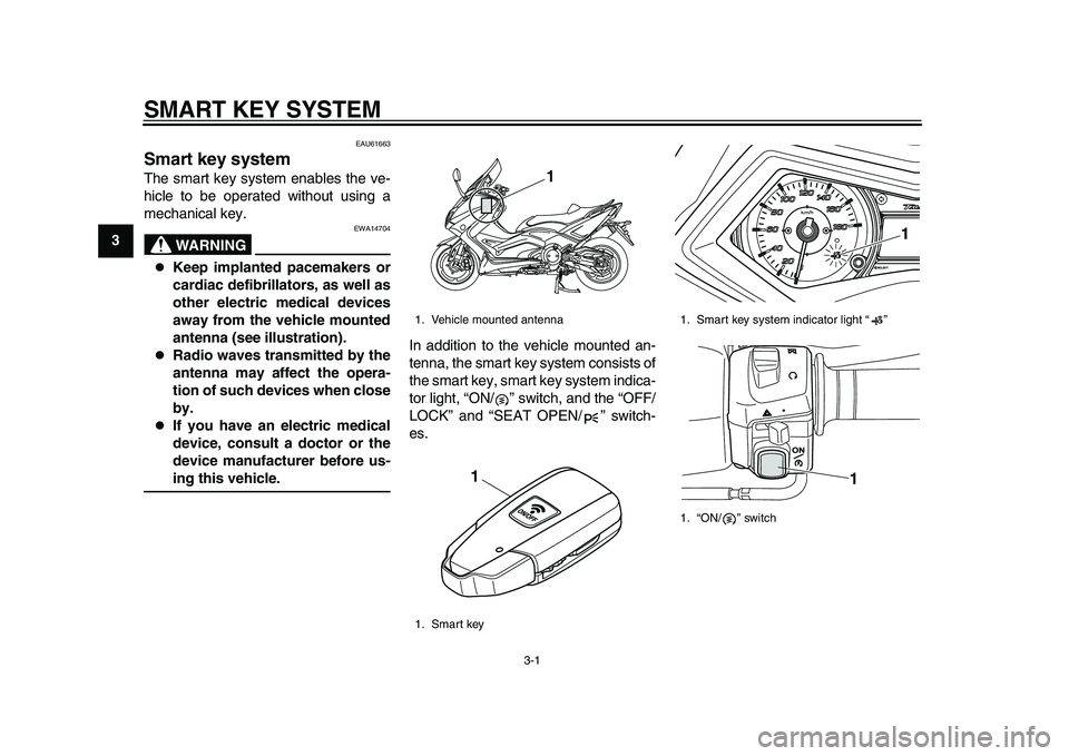 YAMAHA TMAX 2015  Owners Manual 3-1
1
23
4
5
6
7
8
9
10
11
12
SMART KEY SYSTEM
EAU61663
Smart key systemThe smart key system enables the ve-
hicle to be operated without using a
mechanical key.
WARNING
EWA14704

Keep implanted pa