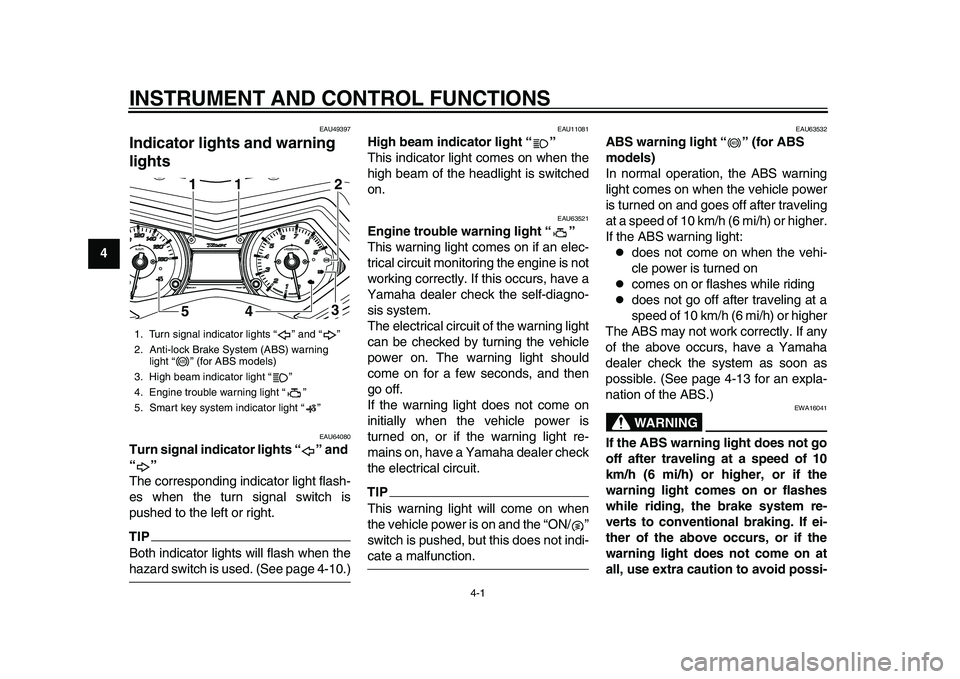 YAMAHA TMAX 2015  Owners Manual 4-1
1
2
34
5
6
7
8
9
10
11
12
INSTRUMENT AND CONTROL FUNCTIONS
EAU49397
Indicator ligh ts and warning 
lights
EAU64080
Turn signal indicator lights “ ” and 
“”
The corresponding indicator ligh