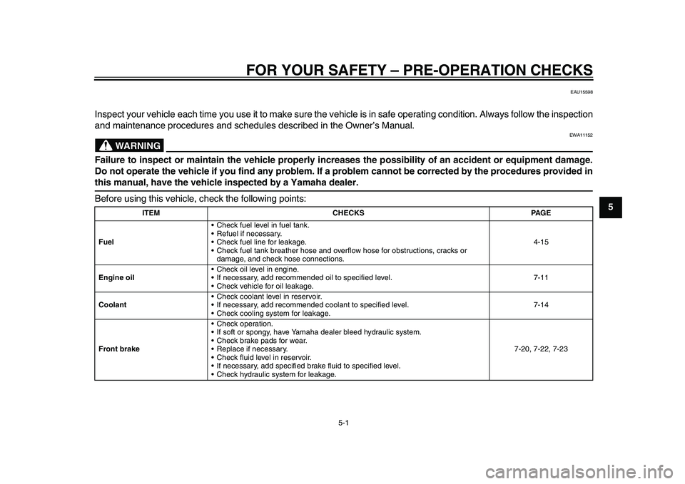 YAMAHA TMAX 2015  Owners Manual 5-1
1
2
3
456
7
8
9
10
11
12
FOR YOUR SAFETY – PRE-OPERATION CHECKS
EAU15598
Inspect your vehicle each time you use it  to make sure the vehicle is in safe operating condition. Always follow the ins