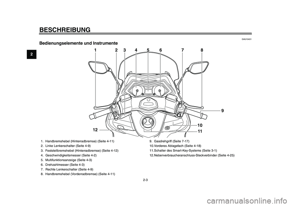 YAMAHA TMAX 2015 Betriebsanleitungen (in German) BESCHREIBUNG
2- 3
12
3
4
5
6
7
8
9
10
11
12
GAU104 31
Bedienungselemente und Instrumente
4
2
3
6
7
8
1
11 9
5
10
12
1. H
andbrem shebel (Hinterr adbremse) ( Seite 4-11)
2. Linke Lenker sch alter ( Sei YAMAHA TMAX 2015 Betriebsanleitungen (in German) BESCHREIBUNG
2- 3
12
3
4
5
6
7
8
9
10
11
12
GAU104 31
Bedienungselemente und Instrumente
4
2
3
6
7
8
1
11 9
5
10
12
1. H
andbrem shebel (Hinterr adbremse) ( Seite 4-11)
2. Linke Lenker sch alter ( Sei