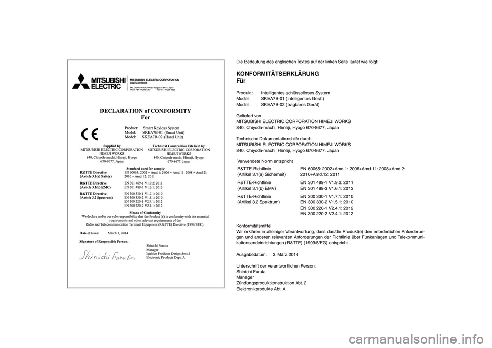 YAMAHA TMAX 2015  Betriebsanleitungen (in German) Die Bedeutung des englischen Textes auf der linken Seite lautet wie folgt:KONFORMITÄTSERKLÄRUNG
FürProdukt:  Intelligentes schlüsselloses System
Modell:  SKEA7B-01 (intelligentes Gerät)
Modell:  