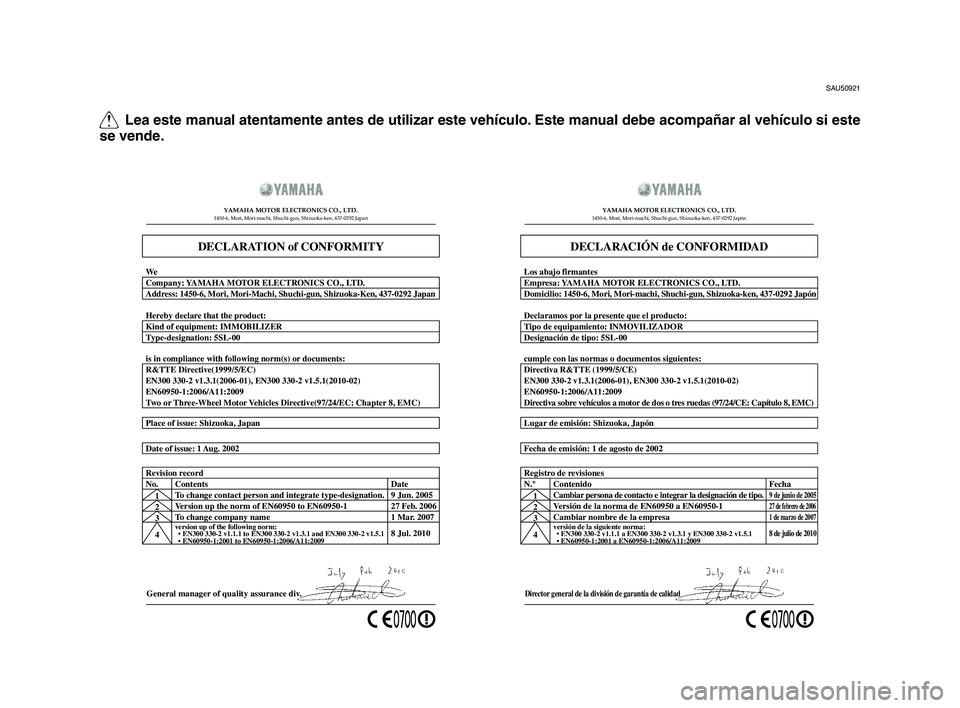 YAMAHA TMAX 2015  Manuale de Empleo (in Spanish) Q Lea este manual atentamente antes de utilizar este vehículo\f Este manual debe acompañar al vehículo si este 
se vende\f
SAU50921
General manager of\d quality assurance\d di\f.
Date of issue: \b 