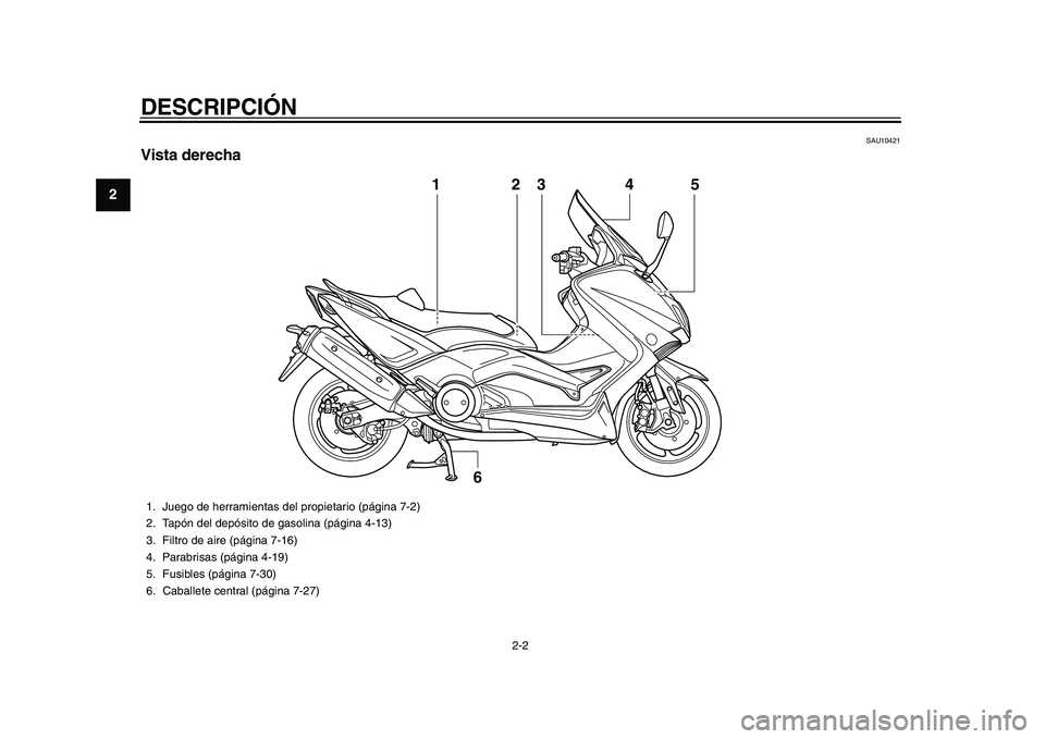 YAMAHA TMAX 2015  Manuale de Empleo (in Spanish) DESCRIPCIÓN
2-2
12
3
4
5
6
7
8
9
10
11
12
S AU10421
Vista derecha
3
6
1
54
2
1. J uego de herr amientas del propietario (página 7-2)
2. T apón del depós ito de gasolina (págin a 4-13)
3. Filtro d