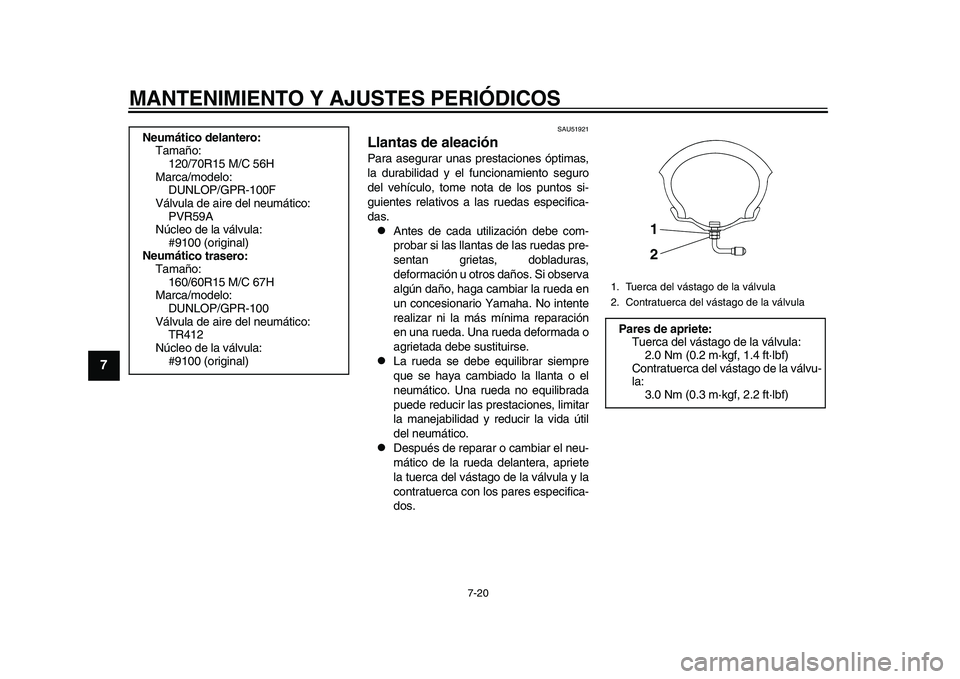 YAMAHA TMAX 2015 Manuale de Empleo (in Spanish) MANTENIMIENTO Y AJUSTES PERIÓDICOS
7-20
1
2
3
4
5
67
8
9
10
11
12
S AU51 921
Llantas de aleaciónP ara as egu ra r un as pre sta cione s óptim as,
l a d urabilid ad y el f uncion amiento segu r YAMAHA TMAX 2015 Manuale de Empleo (in Spanish) MANTENIMIENTO Y AJUSTES PERIÓDICOS
7-20
1
2
3
4
5
67
8
9
10
11
12
S AU51 921
Llantas de aleaciónP ara as egu ra r un as pre sta cione s óptim as,
l a d urabilid ad y el f uncion amiento segu r