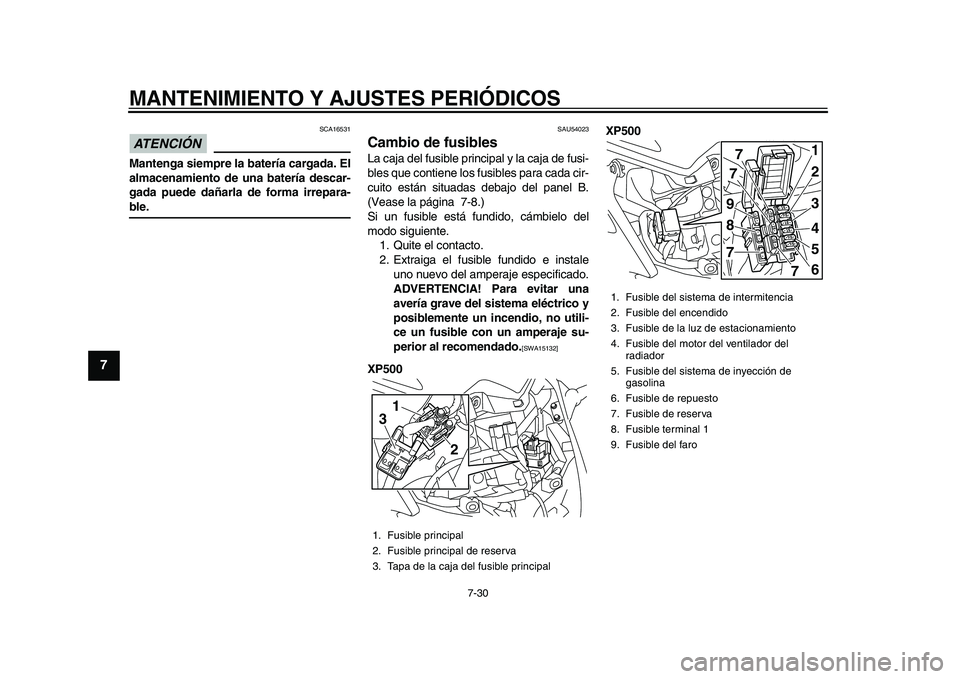 YAMAHA TMAX 2015 Manuale de Empleo (in Spanish) MANTENIMIENTO Y AJUSTES PERIÓDICOS
7-30
1
2
3
4
5
67
8
9
10
11
12
ATENCIÓN
S CA165 31
Mantenga siempre la batería cargada. El
almacenamiento de una batería descar-
gada puede dañarla de forma ir YAMAHA TMAX 2015 Manuale de Empleo (in Spanish) MANTENIMIENTO Y AJUSTES PERIÓDICOS
7-30
1
2
3
4
5
67
8
9
10
11
12
ATENCIÓN
S CA165 31
Mantenga siempre la batería cargada. El
almacenamiento de una batería descar-
gada puede dañarla de forma ir