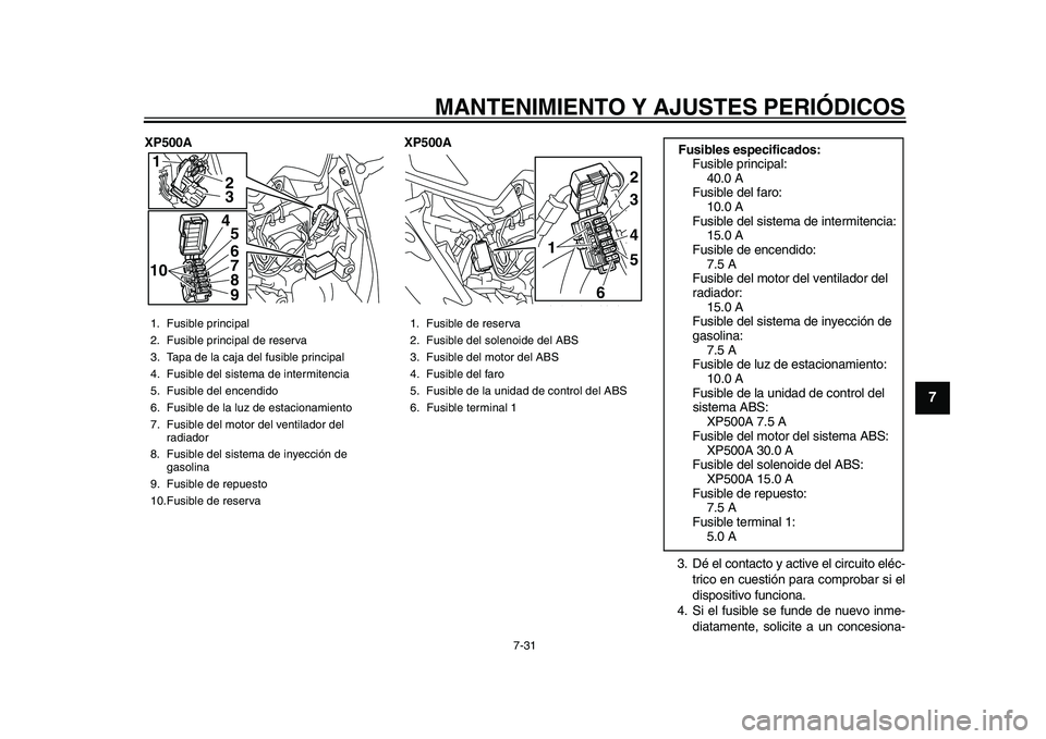 YAMAHA TMAX 2015 Manuale de Empleo (in Spanish) MANTENIMIENTO Y AJUSTES PERIÓDICOS
7-31
1
2
3
4
5
678
9
10
11
12
XP500A XP500A
3. Dé el cont acto y active el circ uito eléc-
trico en c ue stión p ara compro bar si el
di spos itivo f uncion a. YAMAHA TMAX 2015 Manuale de Empleo (in Spanish) MANTENIMIENTO Y AJUSTES PERIÓDICOS
7-31
1
2
3
4
5
678
9
10
11
12
XP500A XP500A
3. Dé el cont acto y active el circ uito eléc-
trico en c ue stión p ara compro bar si el
di spos itivo f uncion a.