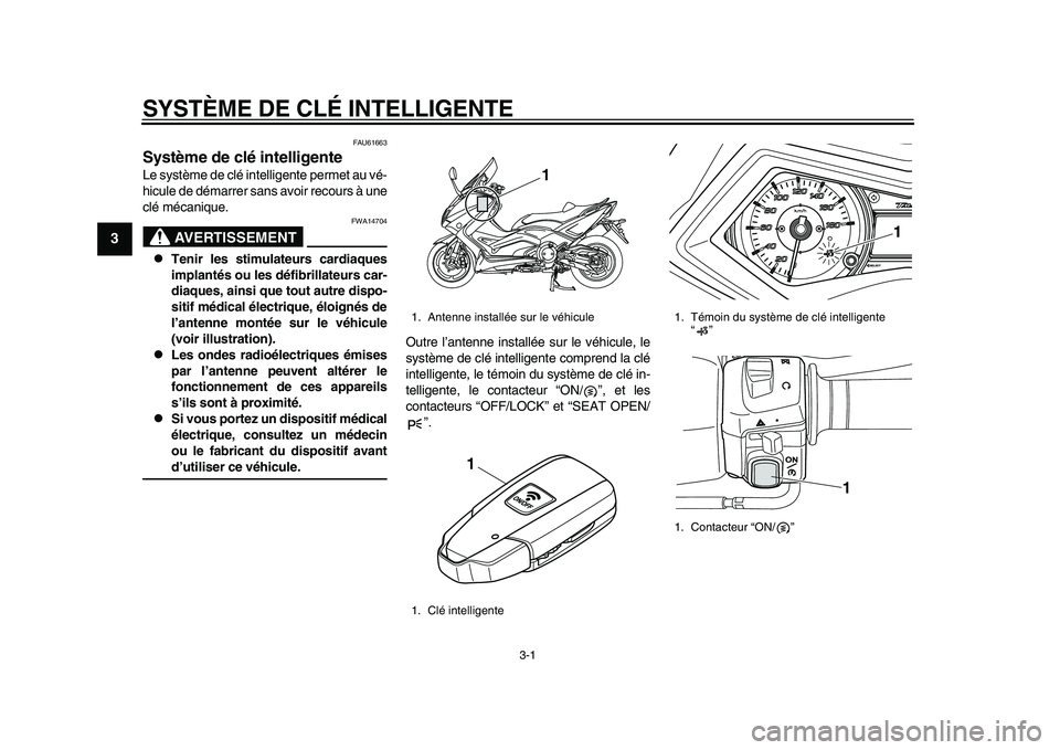 YAMAHA TMAX 2015  Notices Demploi (in French) 3-1
1
23
4
5
6
7
8
9
10
11
12
SYSTÈME DE CLÉ INTELLIGENTE
FAU61663
Système de clé intelligenteLe  sys tème de clé intelligente permet  au vé-
hic ule de dém arrer  sans a voir reco urs  à u n