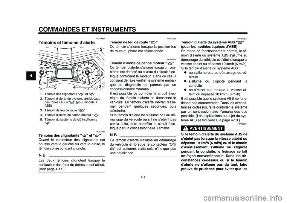 YAMAHA TMAX 2015  Notices Demploi (in French) 4-1
1
2
34
5
6
7
8
9
10
11
12
COMMANDES ET INSTRUMENTS
FAU4 9397
Témoins et témoins d’alerte
FAU640 80
Témoins des clignotants “ ” et “ ”
Q uand le cont acte ur de s clignot ant s e st
po